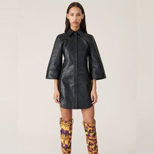 Ganni Black Leather Western Shirt Dress 36 2/4